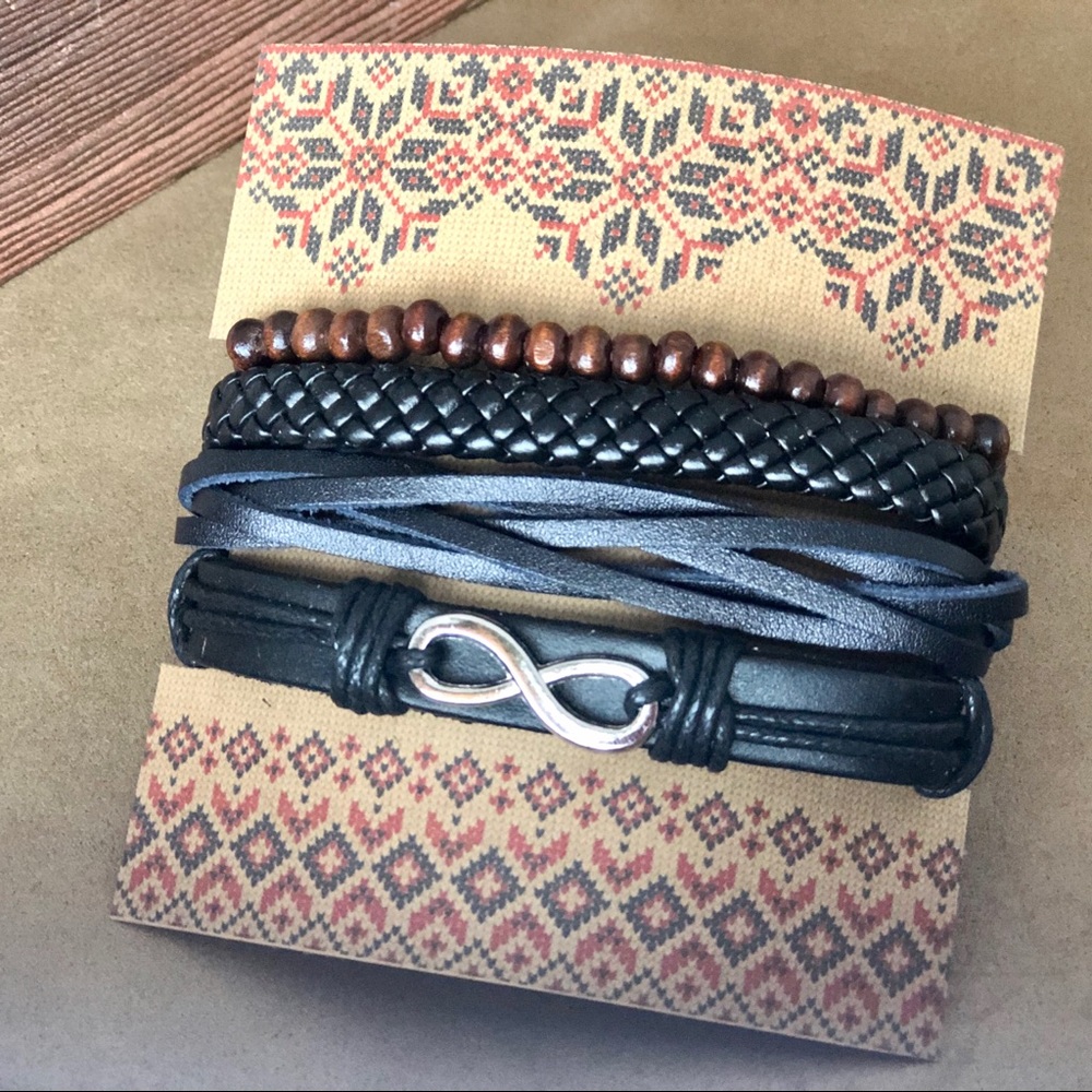 Leather Layered Bracelet 4-Piece Set - Infinity